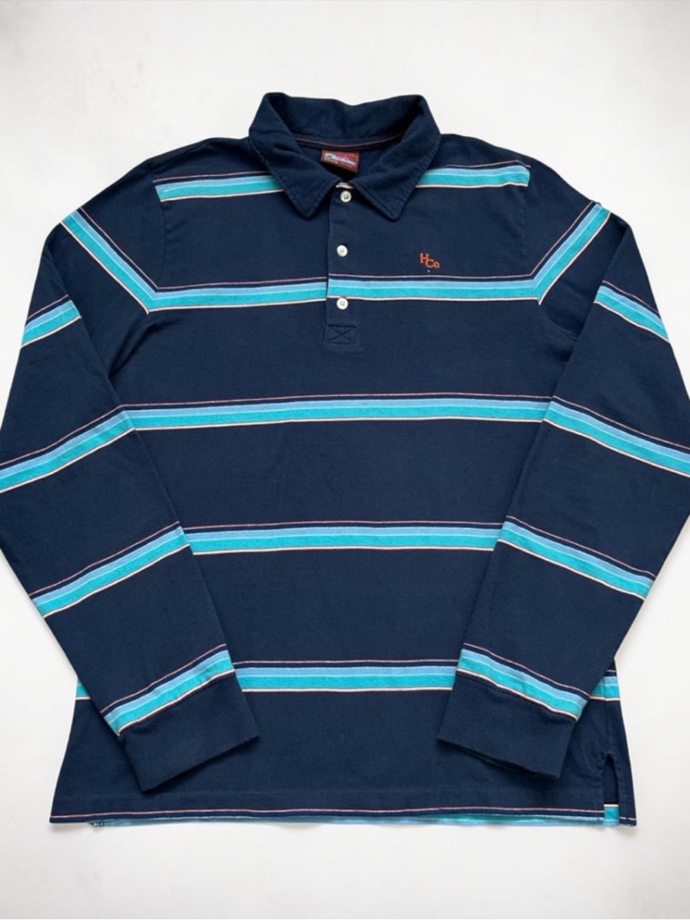Hollister Navy Long-Sleeve Polo with Teal & White Stripes